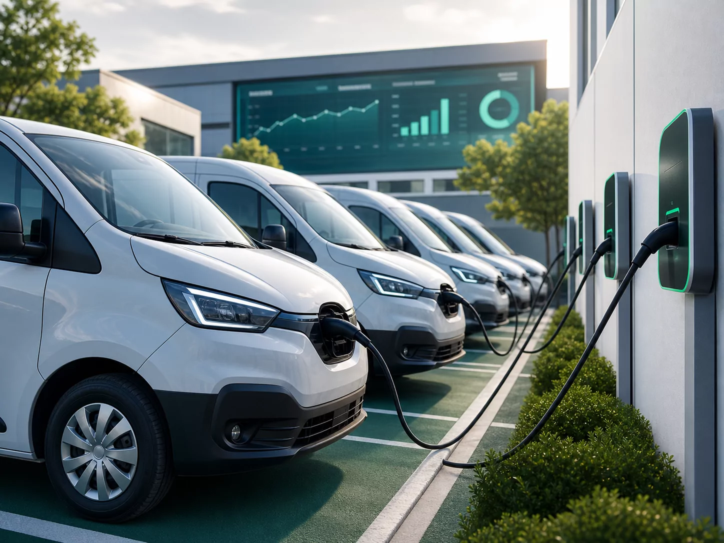 Frota de veículos elétricos carregando em base operacional.